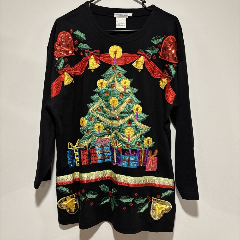 Vintage Accessory Lady Ugly Christmas Shirt Womens Medium‎ Tree Bells Gifts